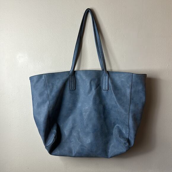Saks Fifth Avenue Open Shopping Tote Faux Leather/Suede Blue Shoulder Bag 21x15 - Picture 13 of 13